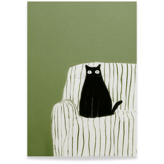 Minimalistisk gouache-motiv av sort katt på stol med grønnt bakgrunn