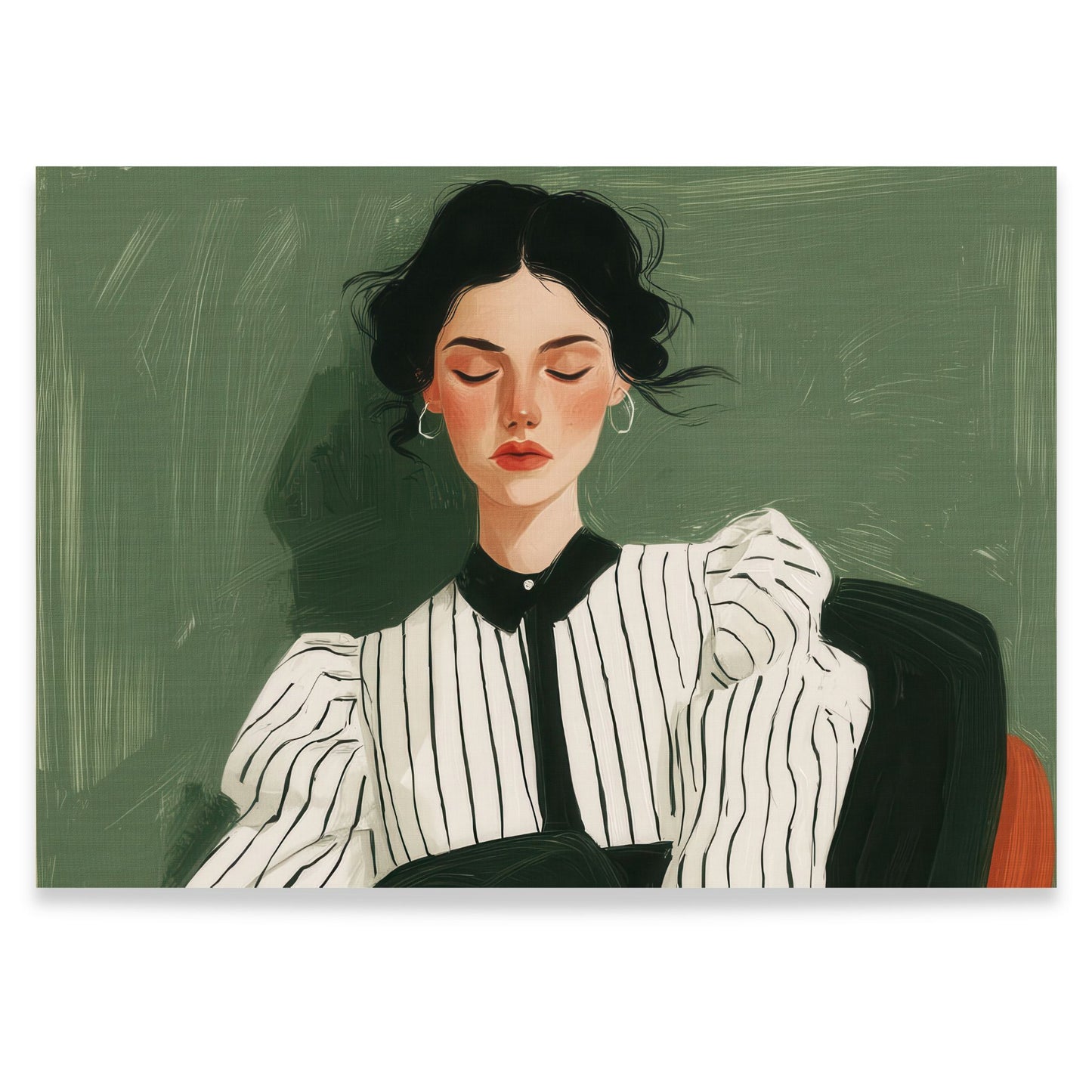 Moderne gouache-portrett i grønntoner – kvinne med lukket blikk, Quiet Presence