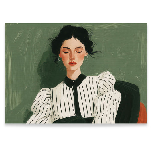 Moderne gouache-portrett i grønntoner – kvinne med lukket blikk, Quiet Presence