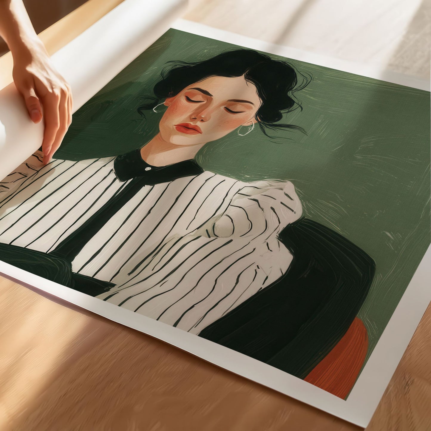 Detaljbilde av plakat med modern gouache portrettmotiv i dempede farger