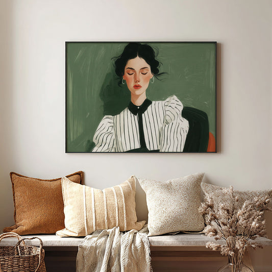 Moderne plakat med kvinneportrett i stilrent interiør med varme tekstiler