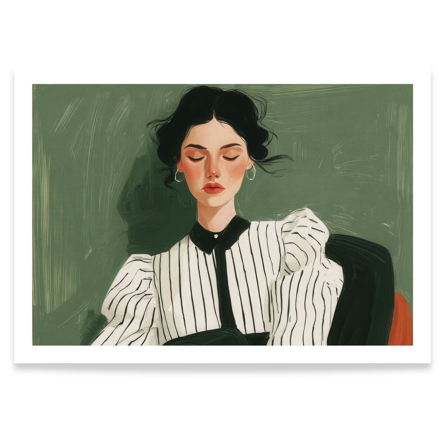 Moderne gouache-portrett i grønntoner – kvinne med lukket blikk, Quiet Presence