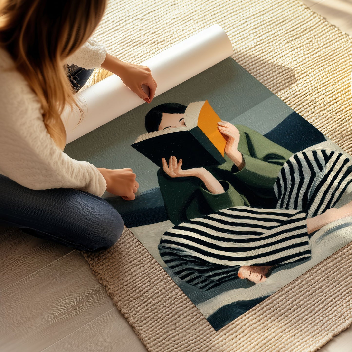 Detaljbilde av plakat med bok og malte penselstrøk