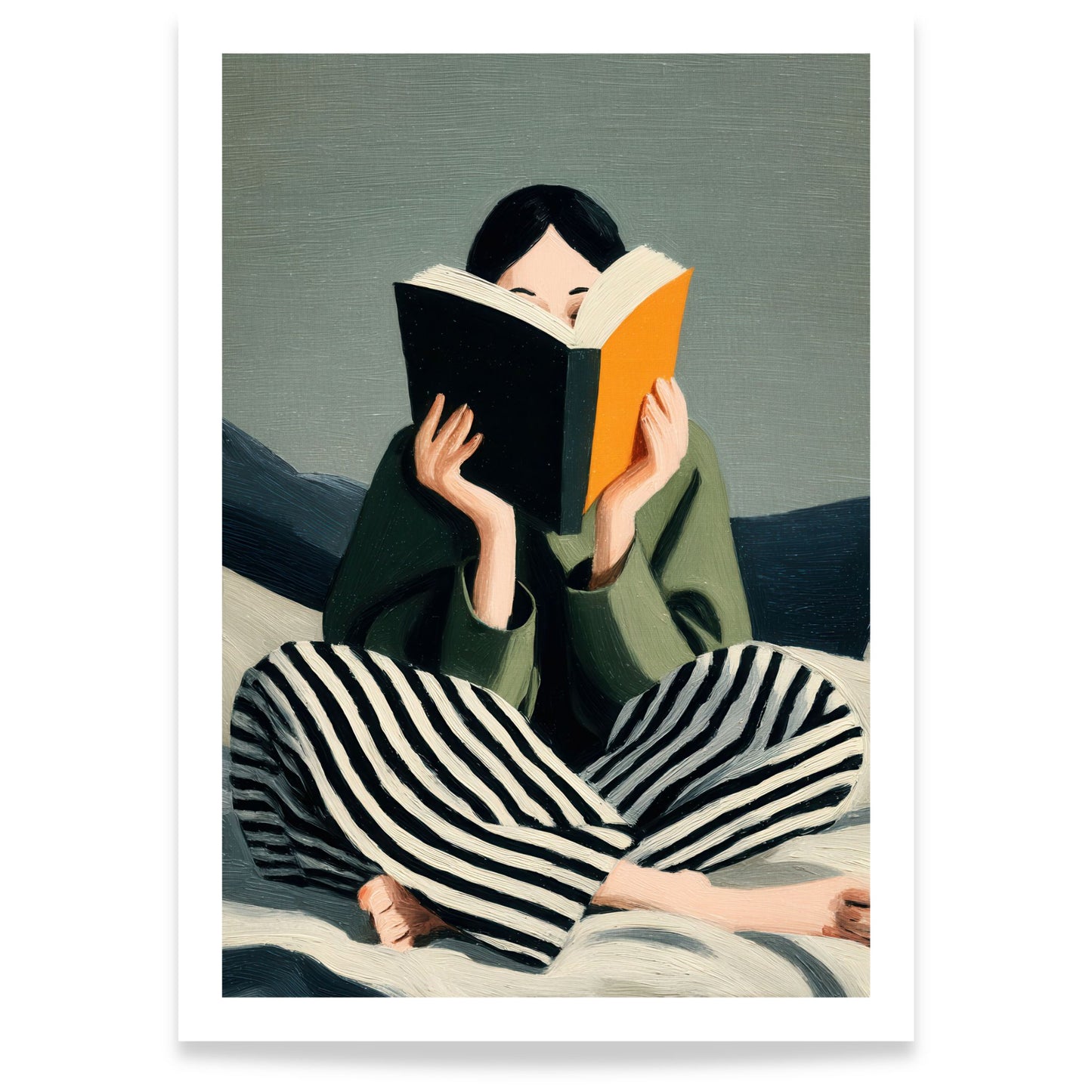 Minimalistisk plakat med lesende person i grønne toner