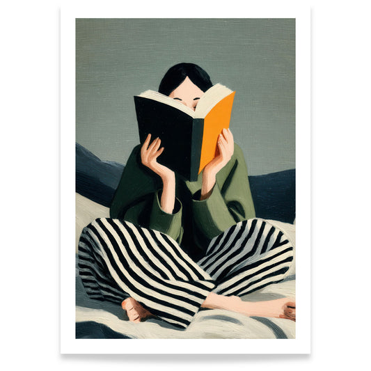 Minimalistisk plakat med lesende person i grønne toner