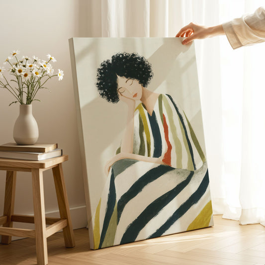Moderne kunst på lerret med sittende kvinne i stripet kjole i lyst rom