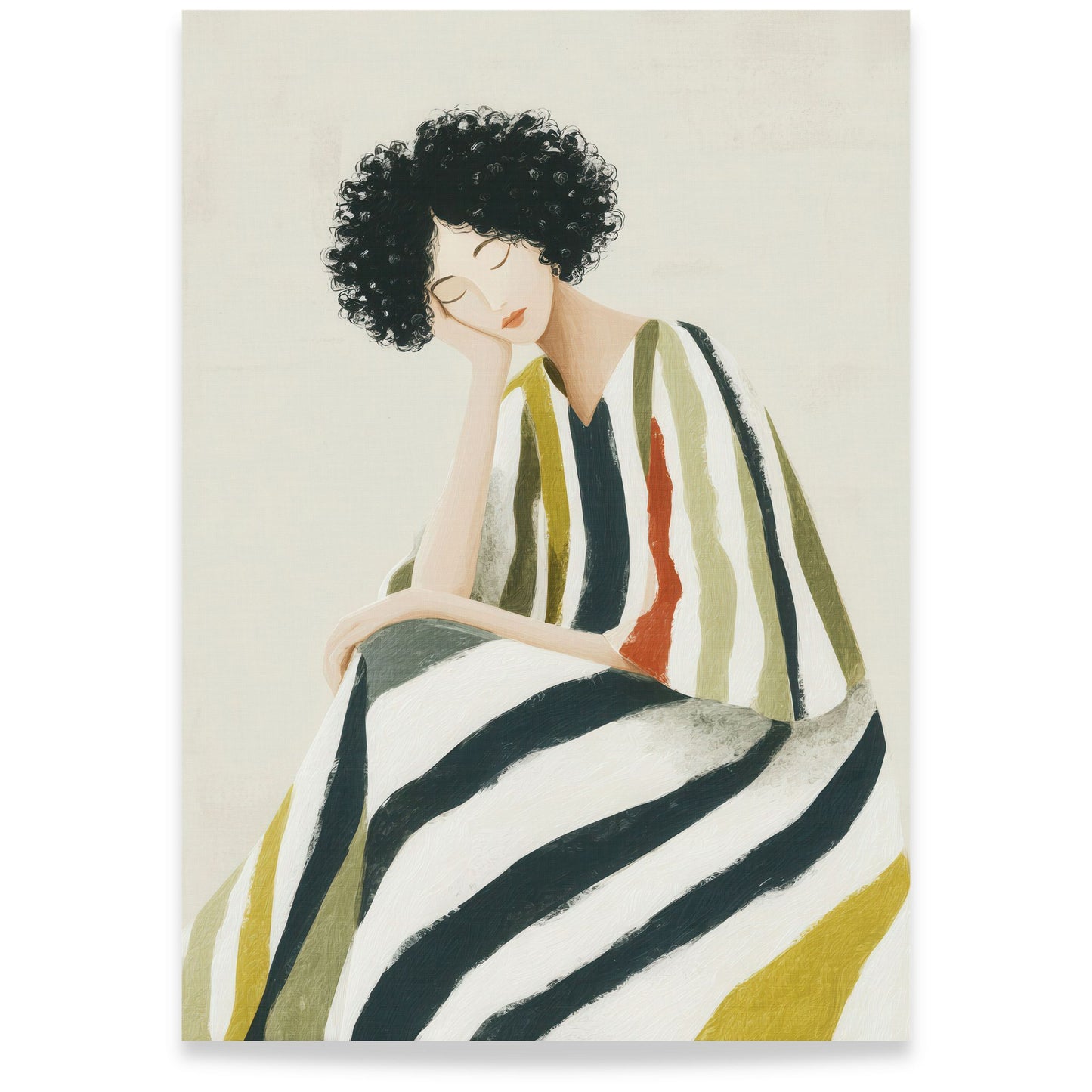 Gouache-inspirert figur av kvinne med stripet kjole i dempede farger