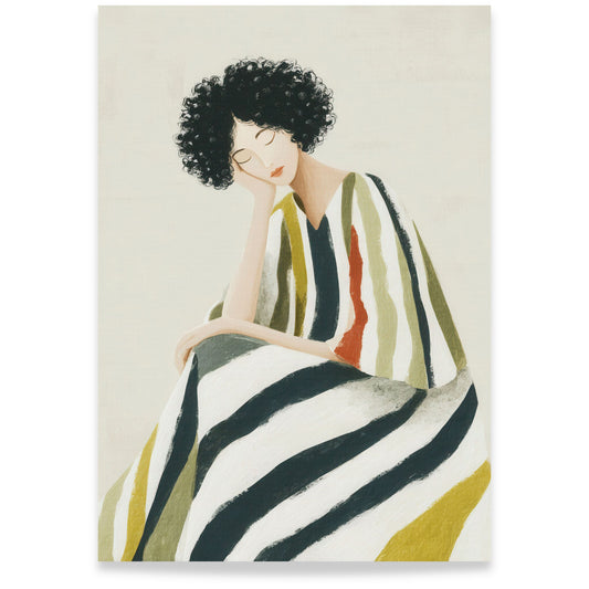 Gouache-inspirert figur av kvinne med stripet kjole i dempede farger