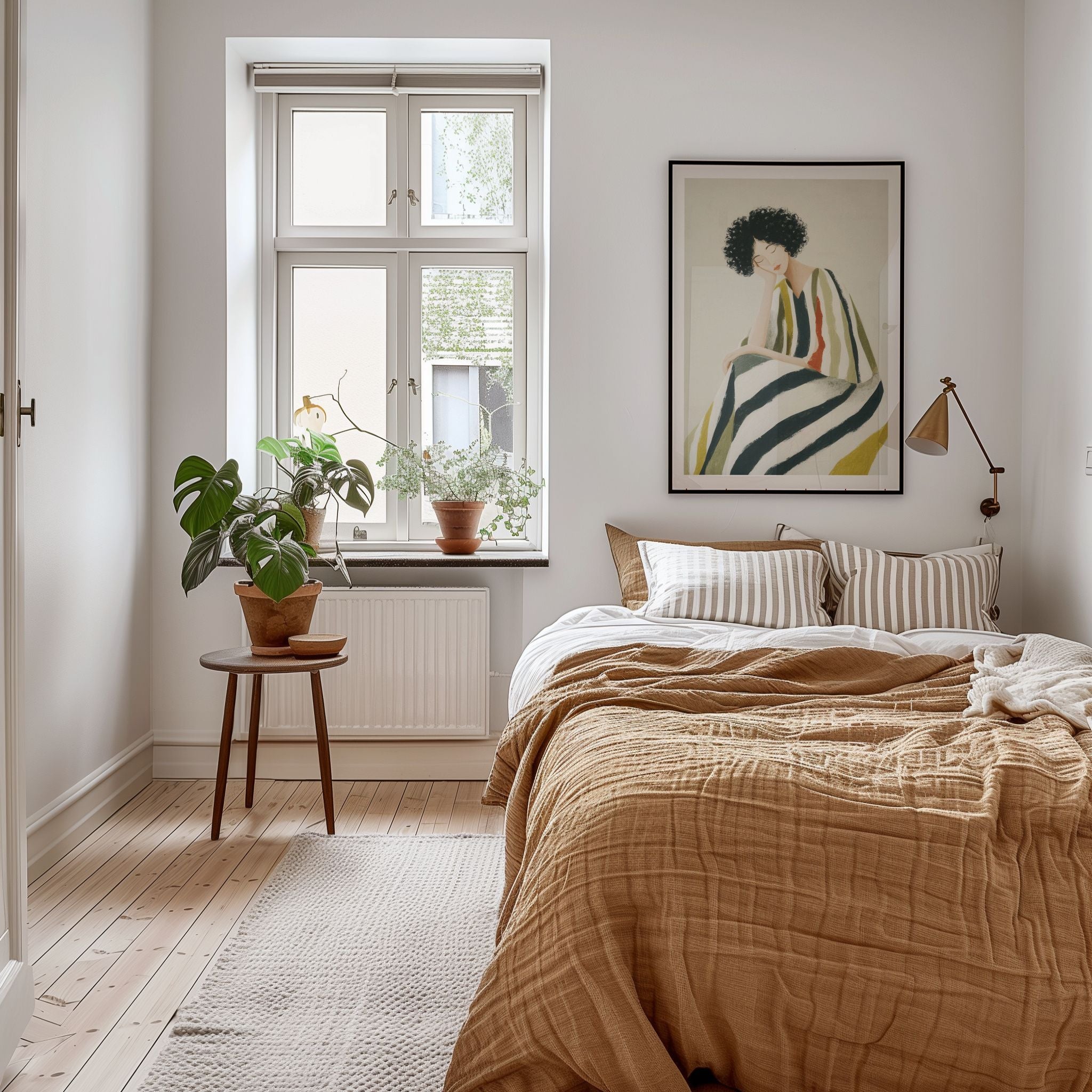 Plakat med kvinne i rolige former og striper, vist over seng i lyst soverom