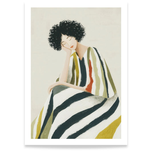 Kunstplakat med sittende kvinne i rolige farger og grafiske striper