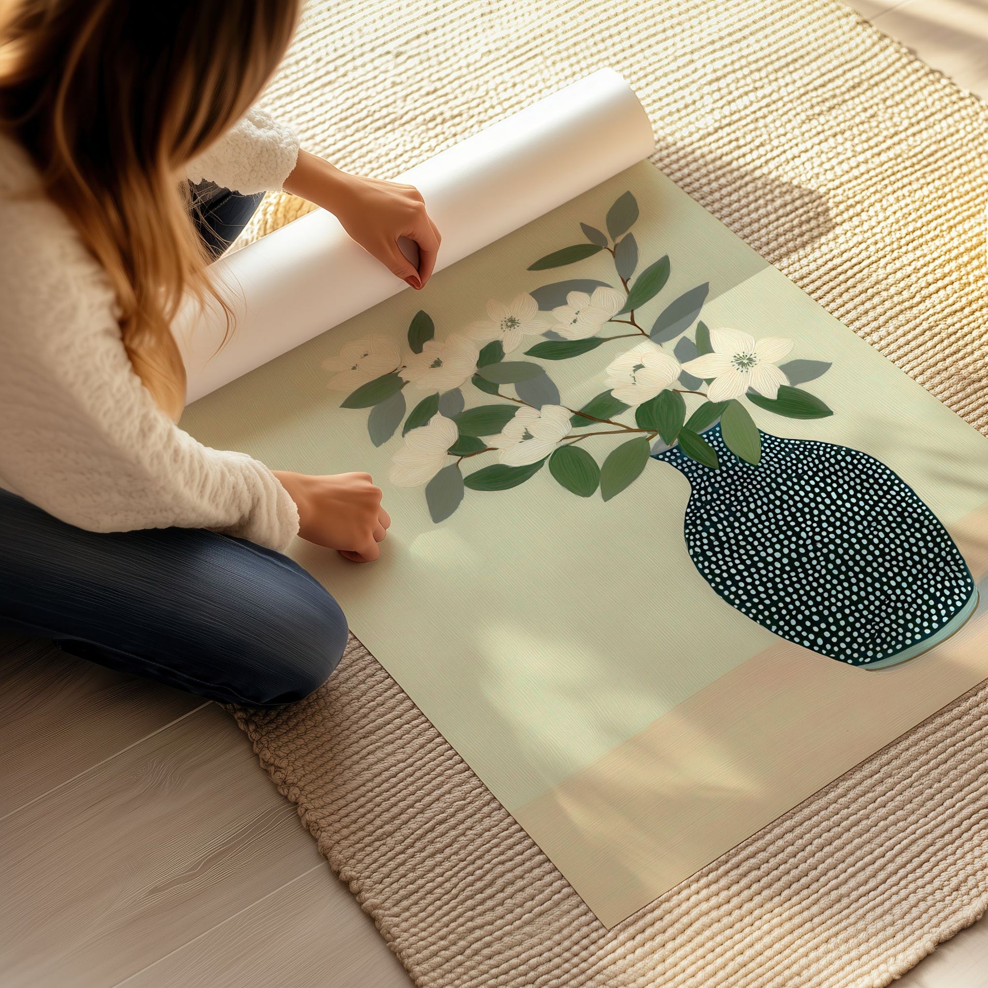 Plakat med hvite blomster i vase rulles ut på gulv