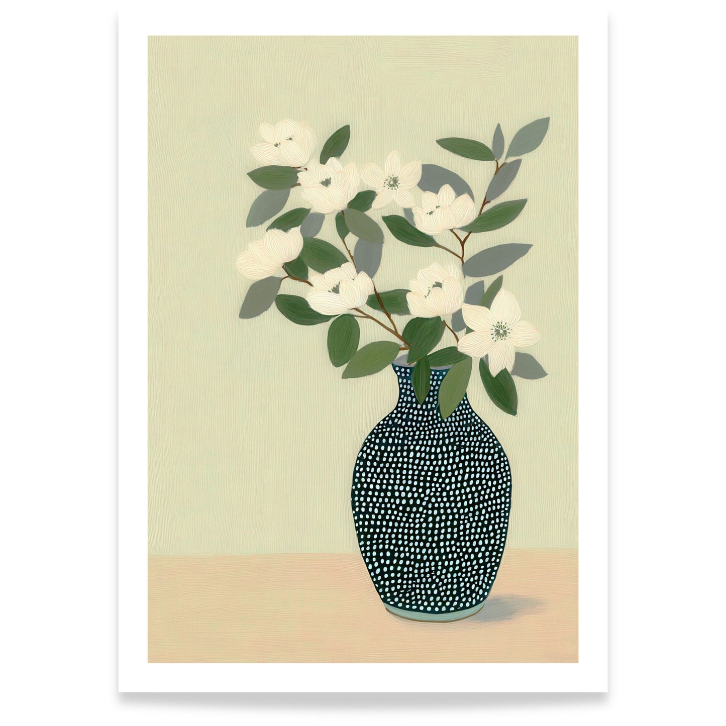 Botanisk plakat med hvite blomster og mørk vase