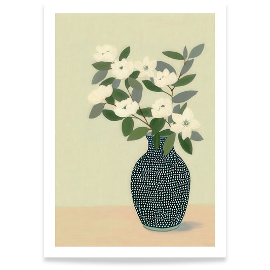 Botanisk plakat med hvite blomster og mørk vase