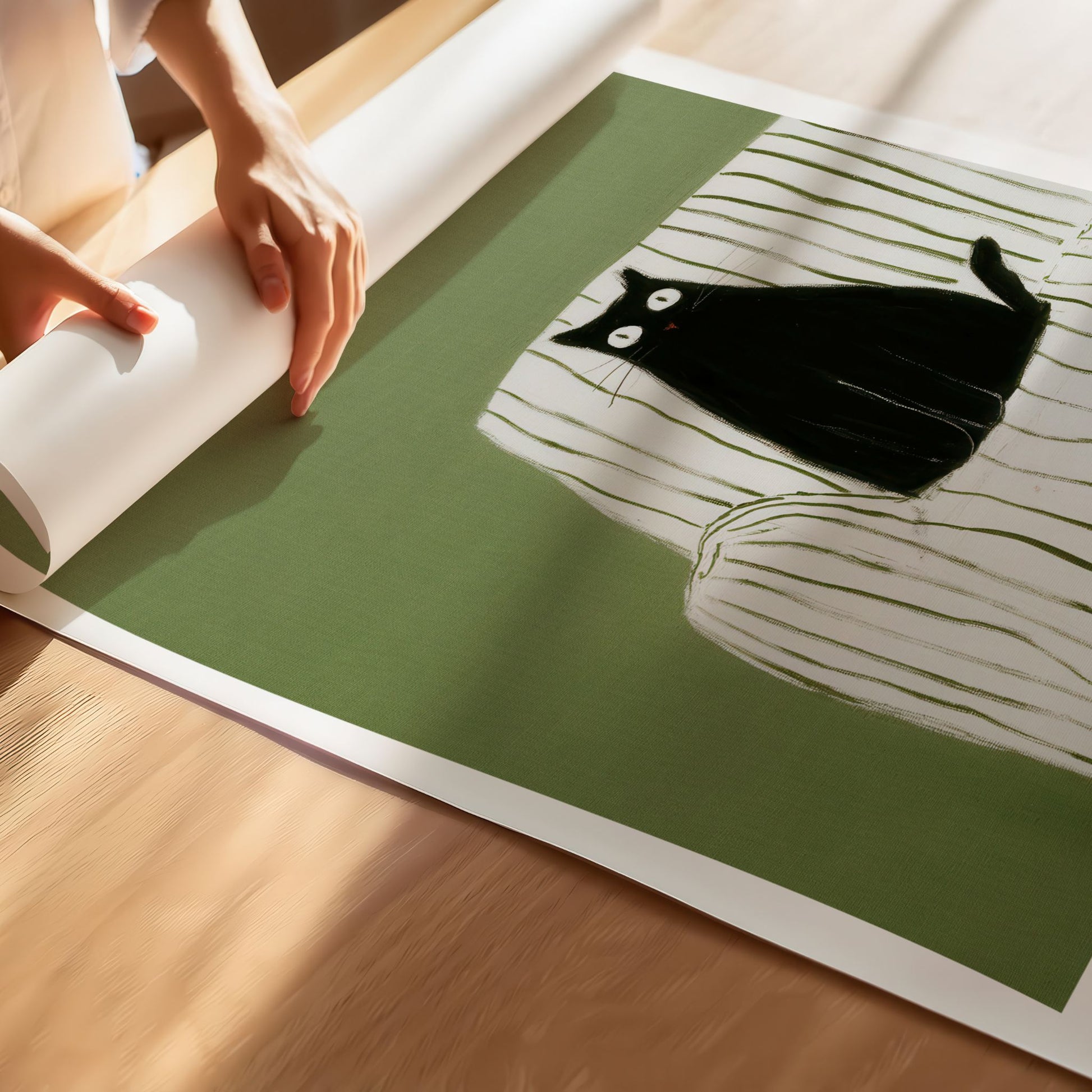 Detaljbilde av kunstplakat med sort katt og håndmalt tekstur i grønne nyanser