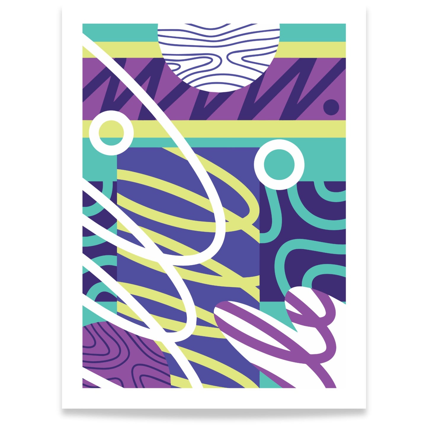 Electric Motion abstrakt plakat med grafiske linjer og former i lilla og turkis 30x40