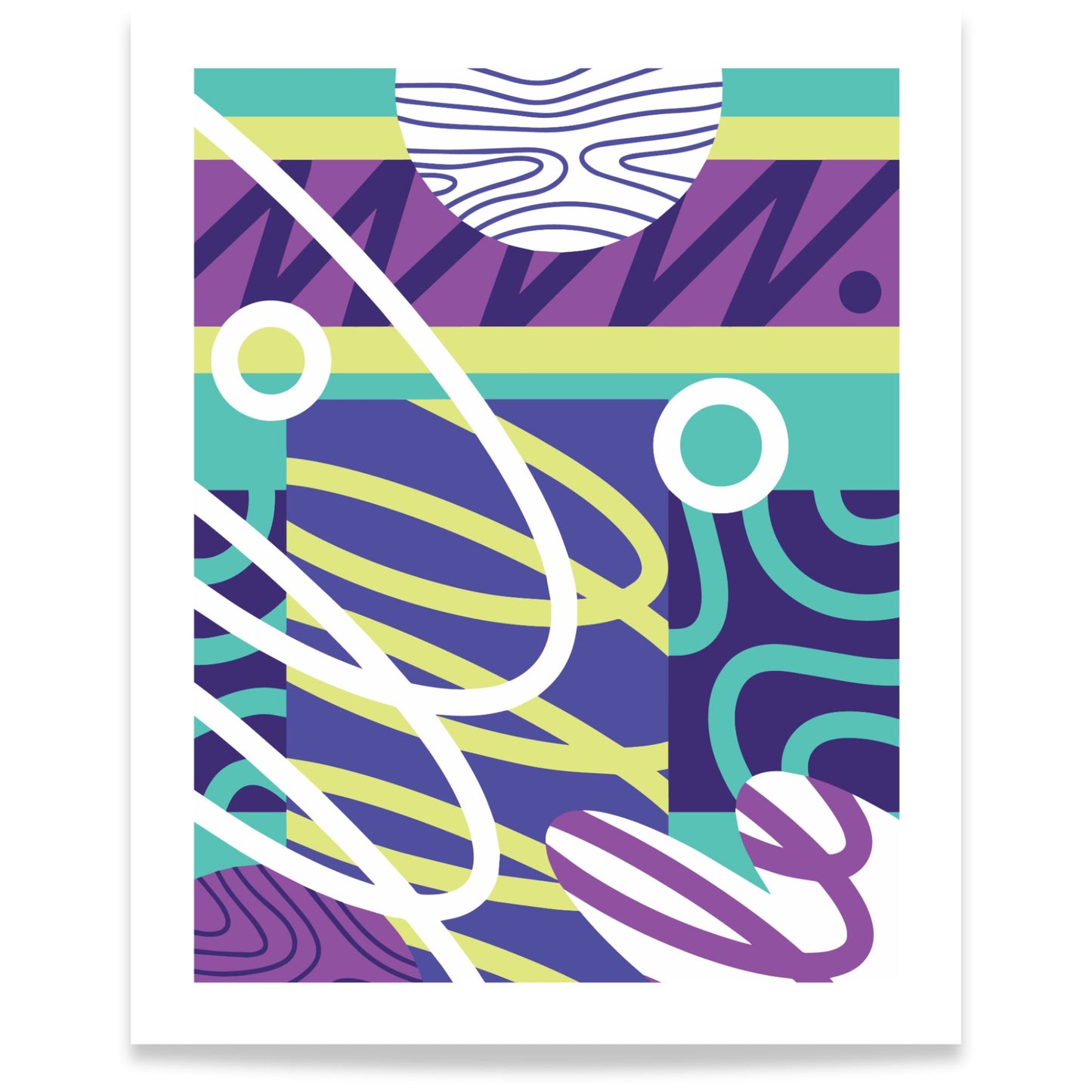 Electric Motion abstrakt plakat med grafiske linjer og former i lilla og turkis 40x50