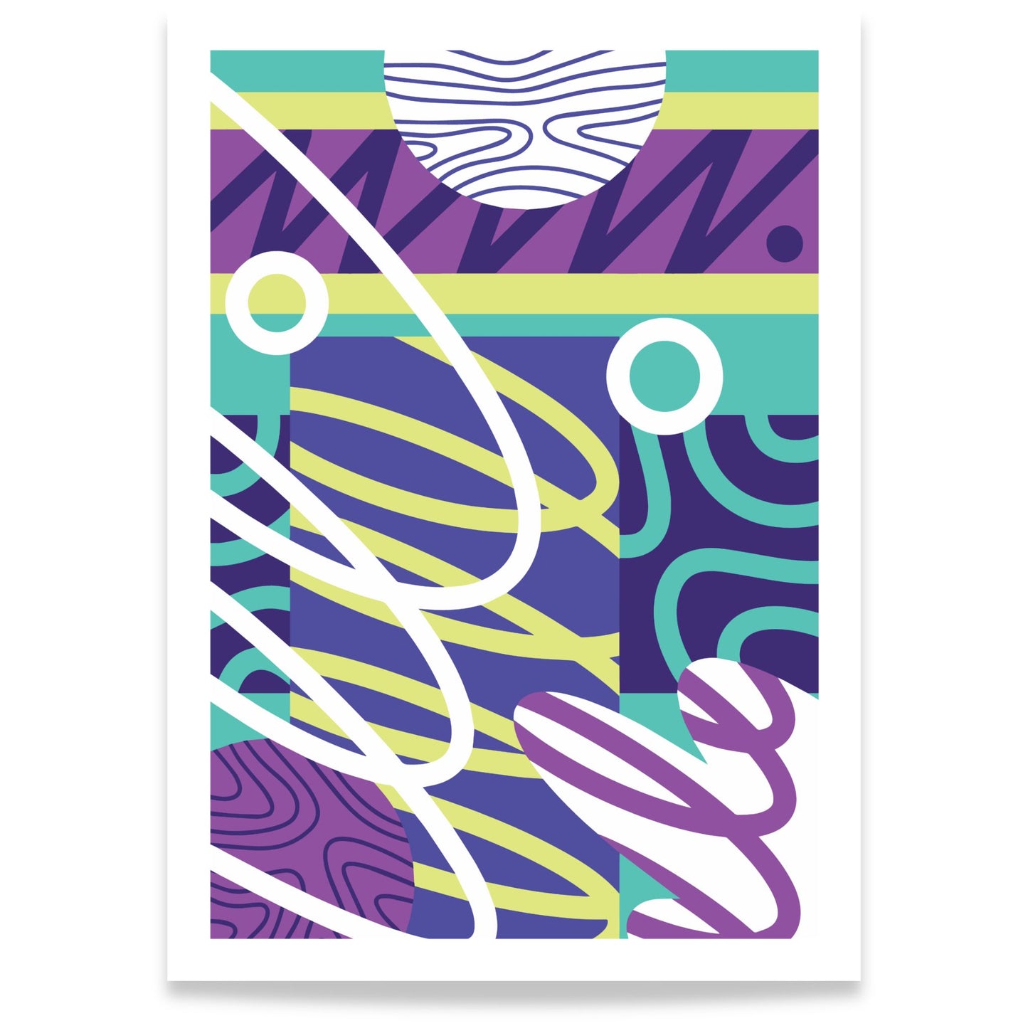 Electric Motion abstrakt plakat med grafiske linjer og former i lilla og turkis 50x70