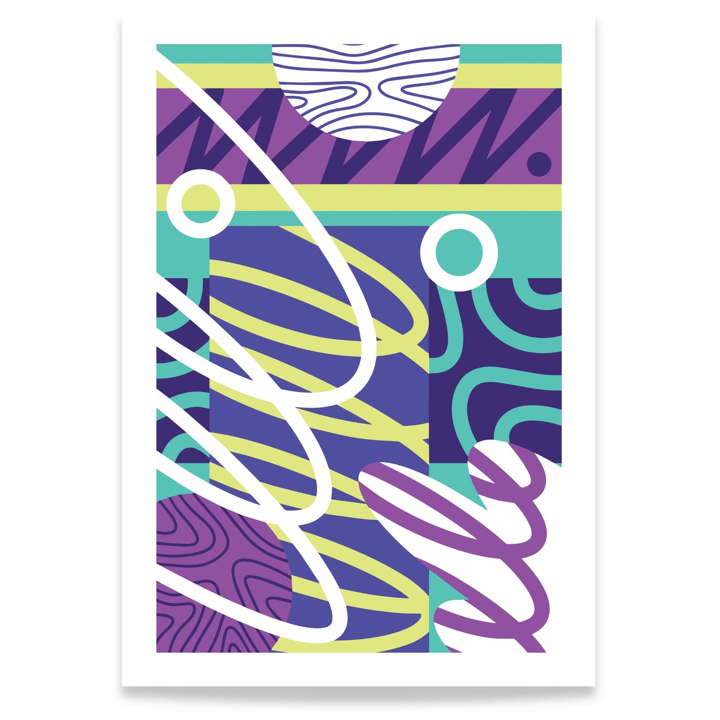 Electric Motion abstrakt plakat med grafiske linjer og former i lilla og turkis  70x100