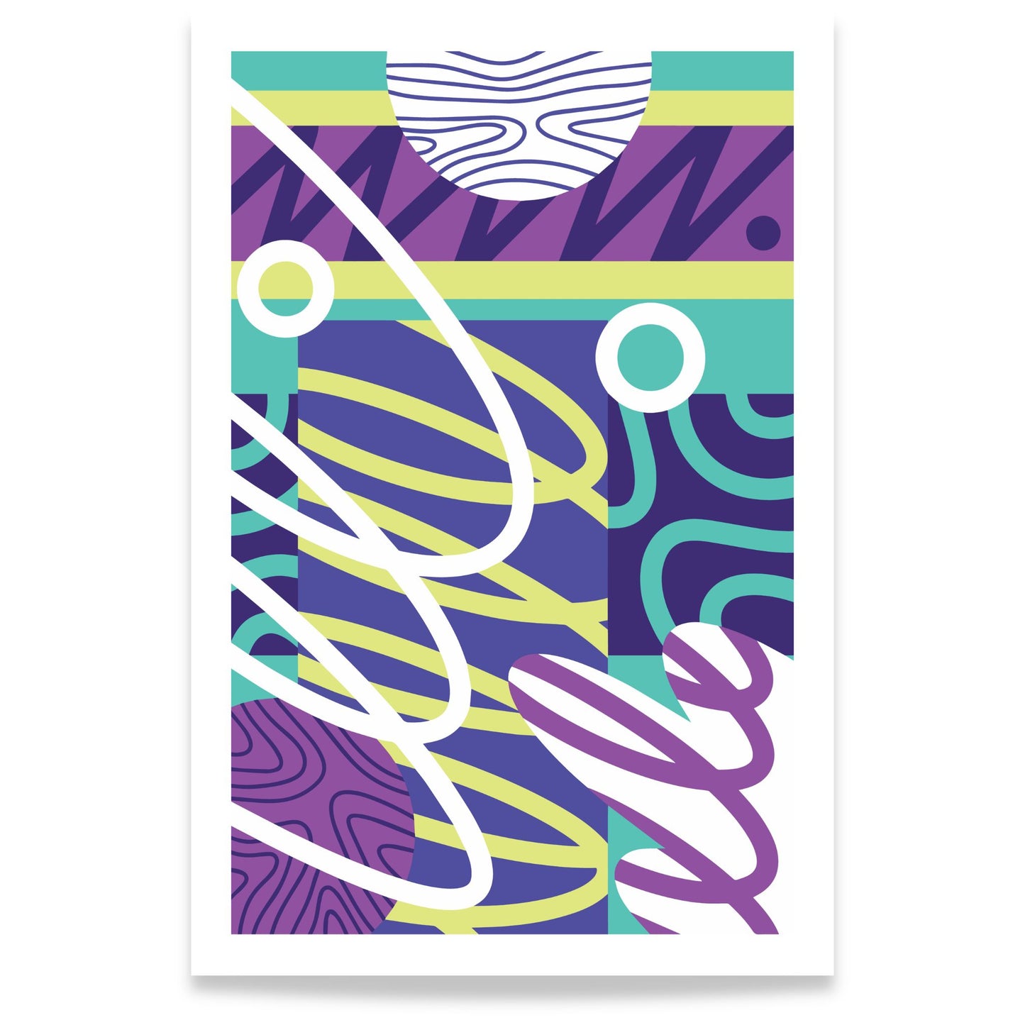 Electric Motion abstrakt plakat med grafiske linjer og former i lilla og turkis 80x120
