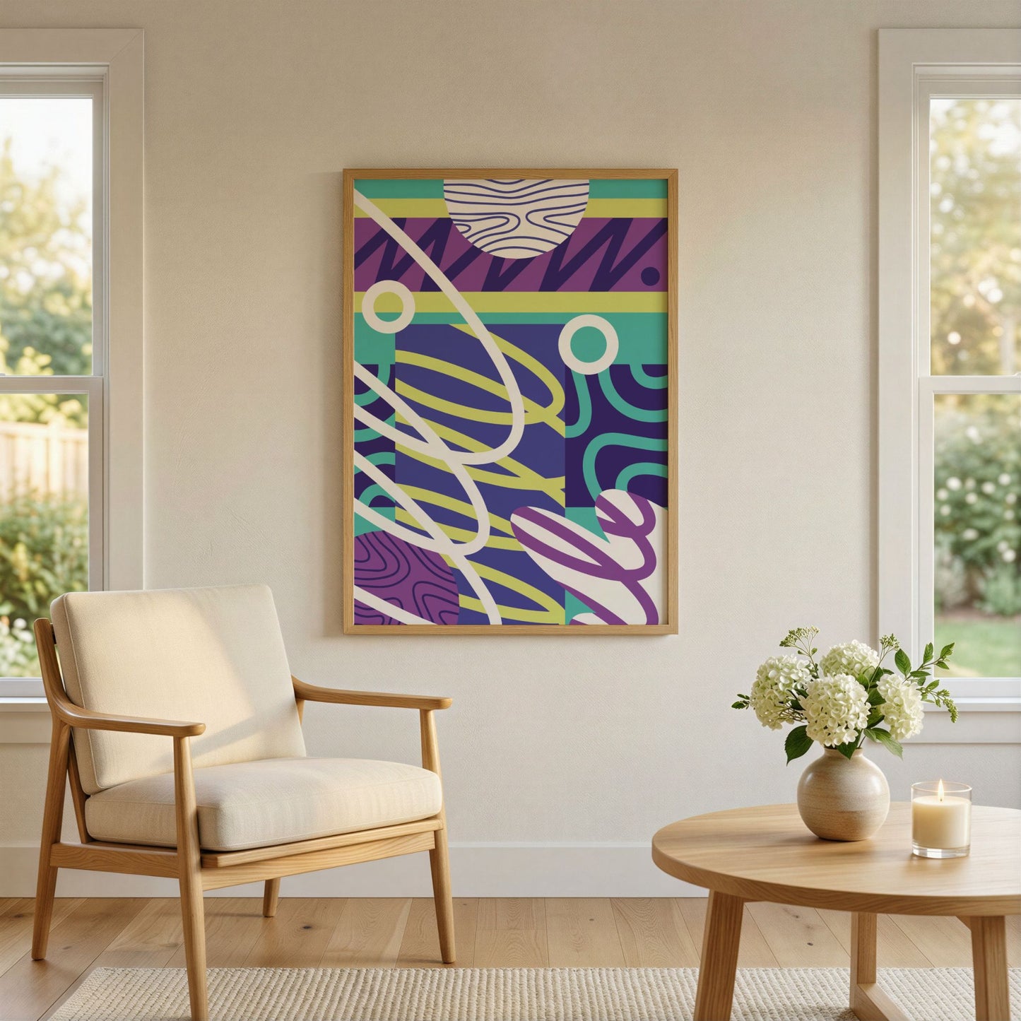 Electric Motion fargerik grafisk plakat i lys nordisk stue