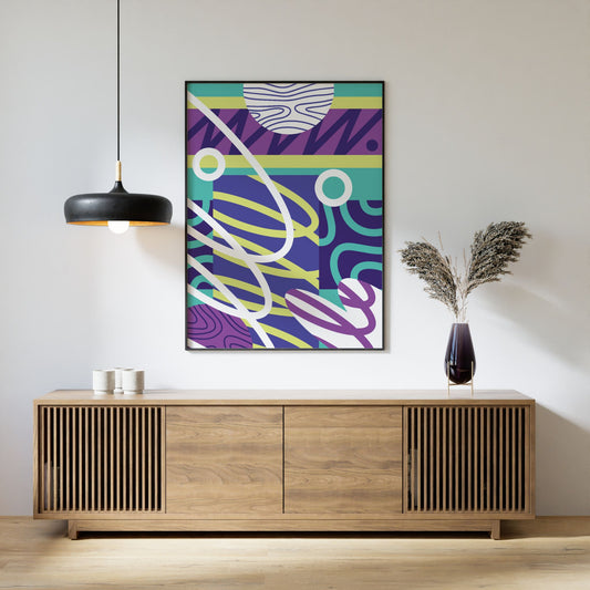 Electric Motion moderne abstrakt plakat over skjenk i nordisk interiør