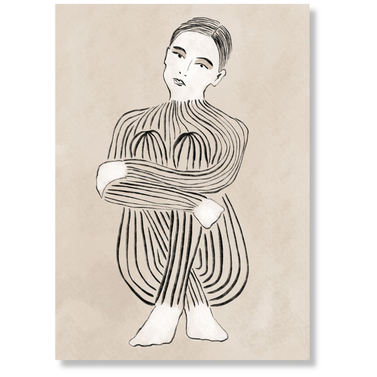 Embrace kunst på lerret med grafisk figurmotiv i beige, kremhvitt og sort