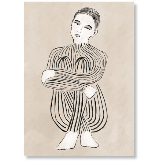 Embrace kunst på lerret med grafisk figurmotiv i beige, kremhvitt og sort