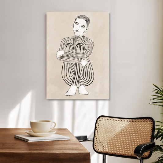 Embrace lerretsbilde med grafisk figurmotiv i lyst moderne interiør