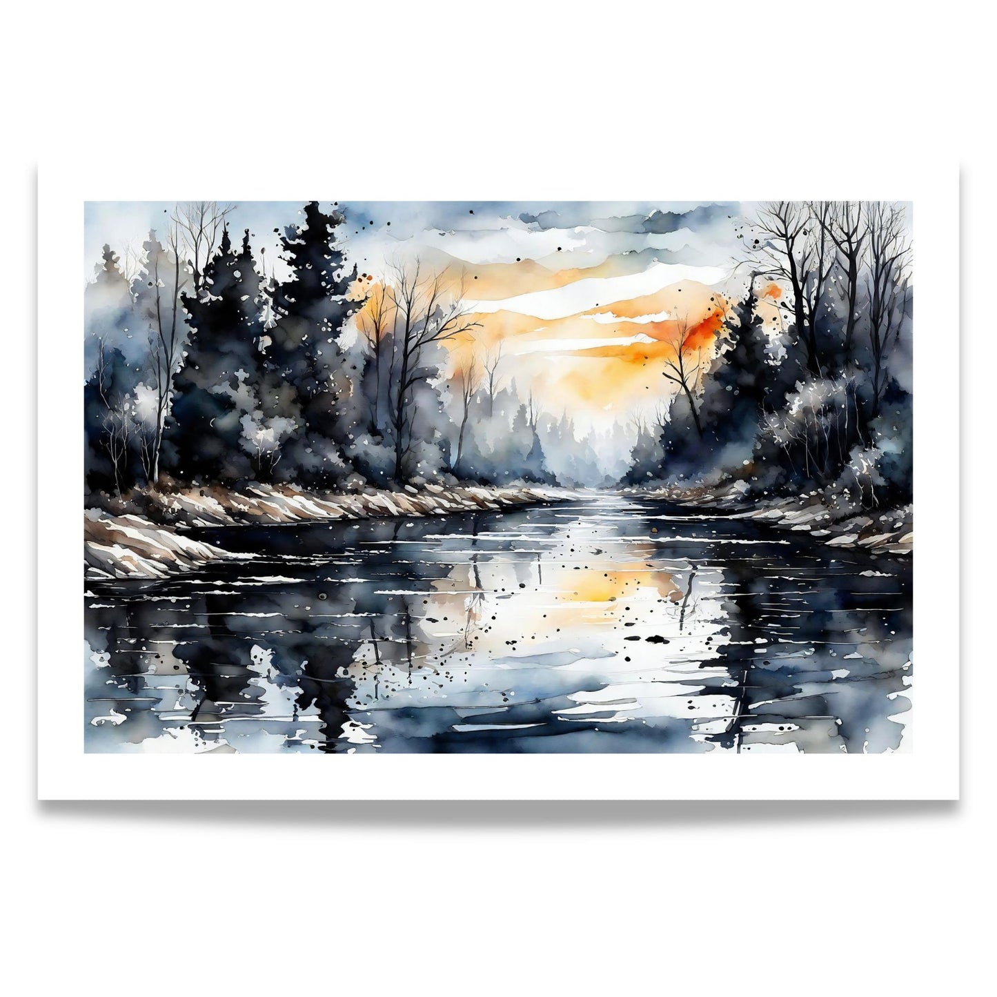 Evening Glow River horisontal plakat med elvelandskap og gyllent kveldslys i akvarellstil