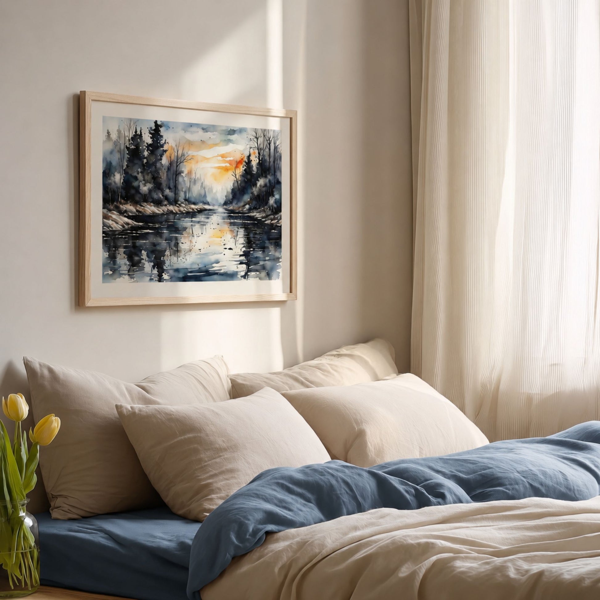 Evening Glow River horisontal plakat over seng i rolig nordisk soverom