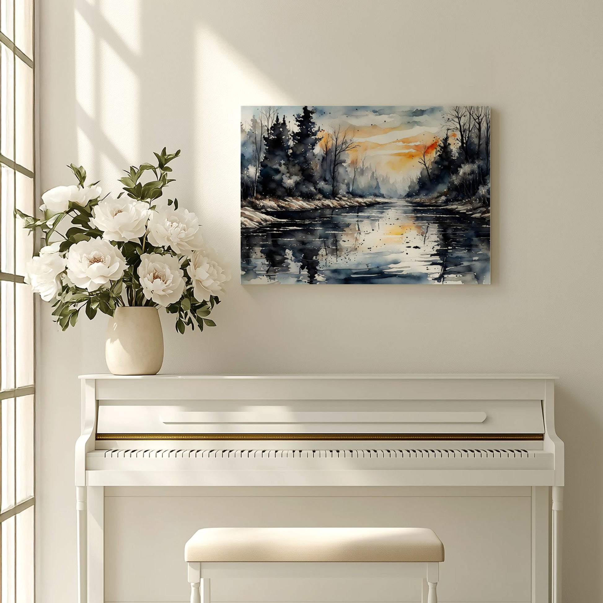 Evening Glow River lerret over piano i lyst og harmonisk interiør