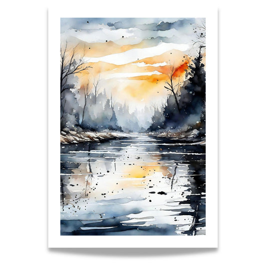 Evening Glow River vertikal plakat med elvelandskap og gyllent kveldslys i akvarellstil
