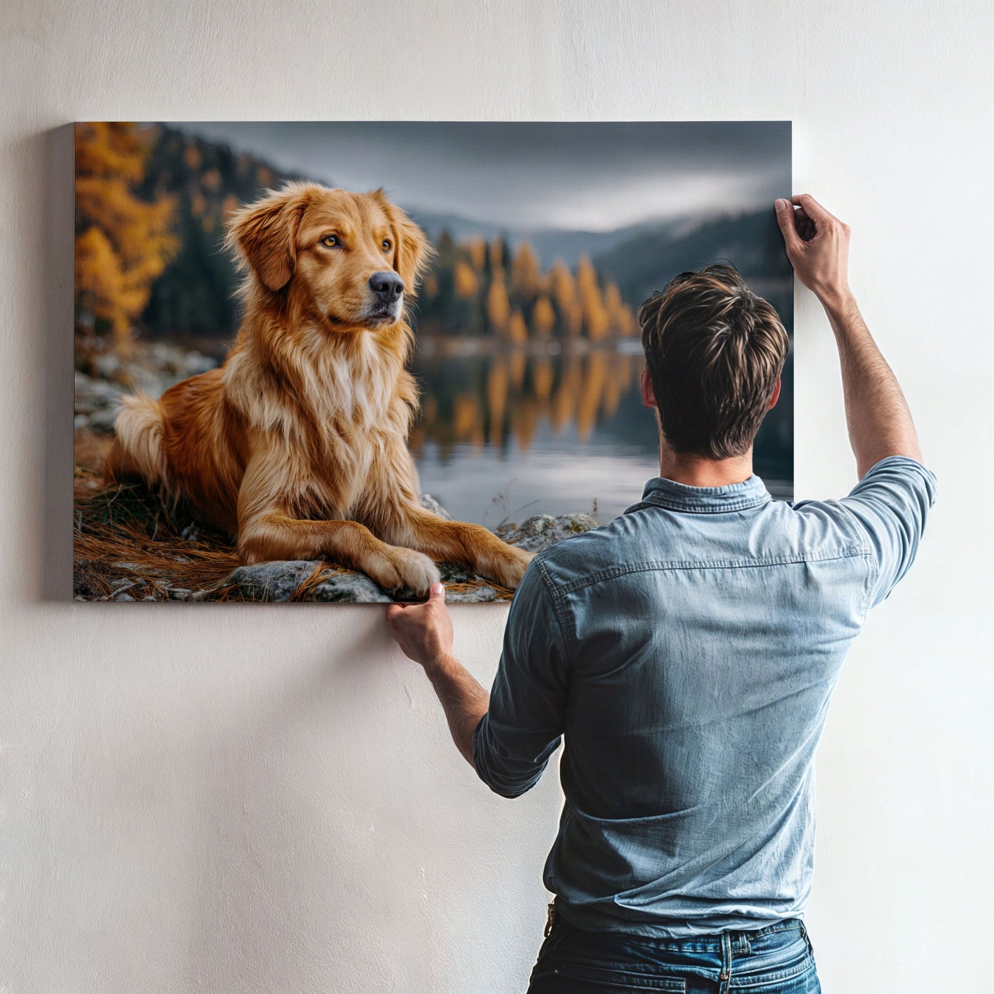 Faithful Companion lerretsbilde med hund under opphenging