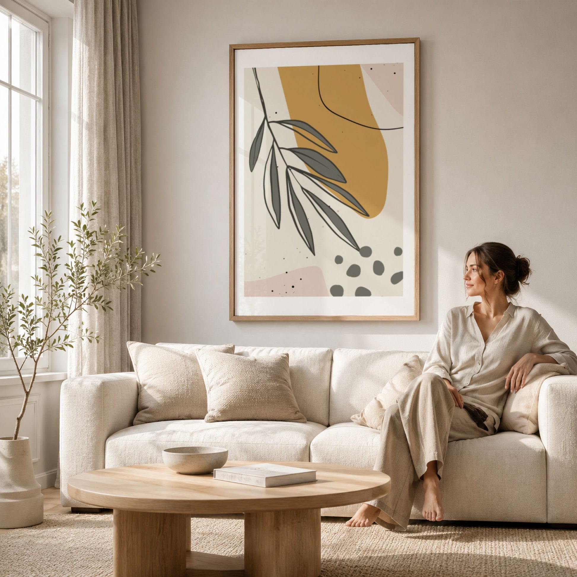 Falling Leaves grafisk botanisk plakat i eikeramme over lys sofa i moderne stue
