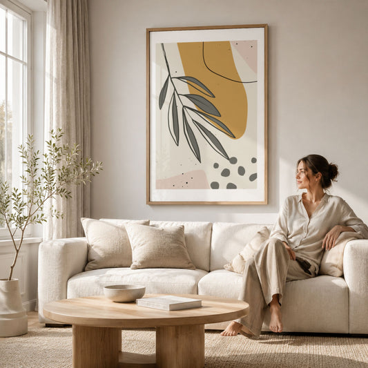 Falling Leaves grafisk botanisk plakat i eikeramme over lys sofa i moderne stue