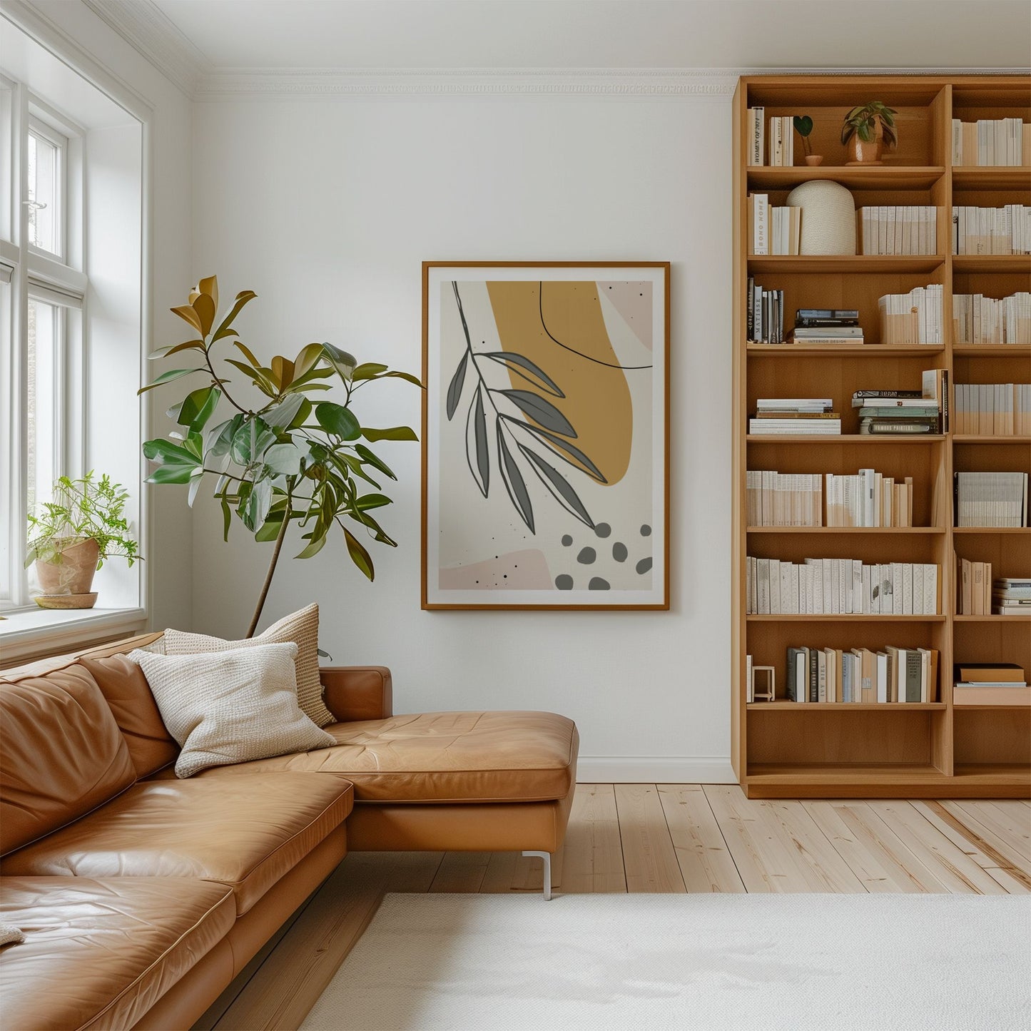 Falling Leaves grafisk plakat i nordisk stue med brun skinnsofa og bokhylle