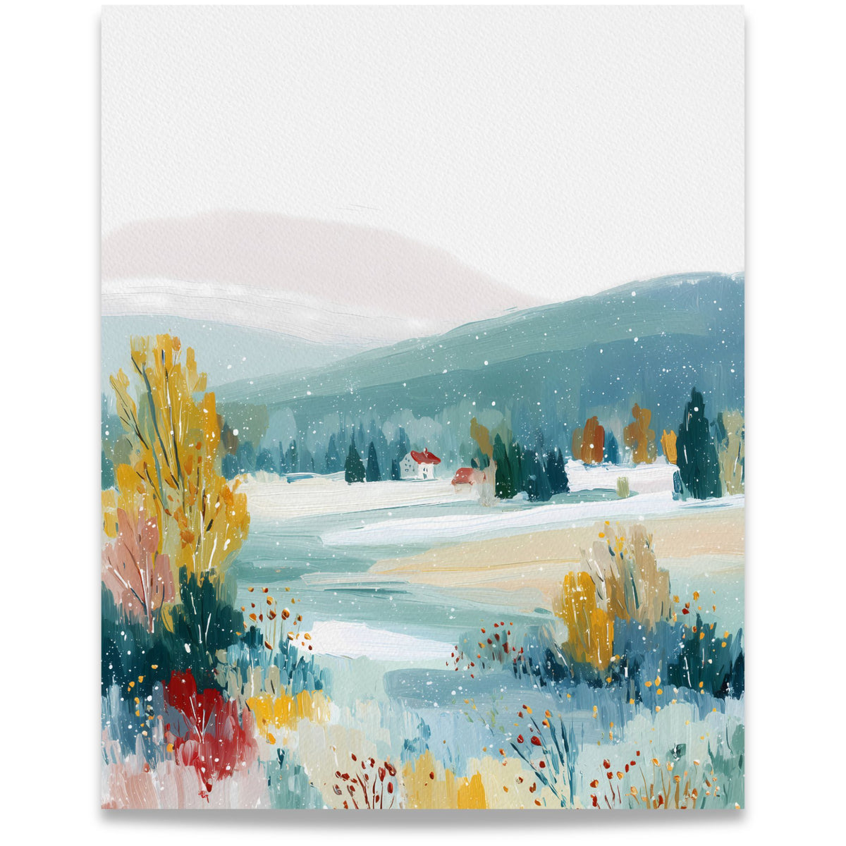 First Snowfall vinterlerret med snødekt landskap, blågrønne åser og trær i gylne og rødlige høstfarger. Format 40x50.