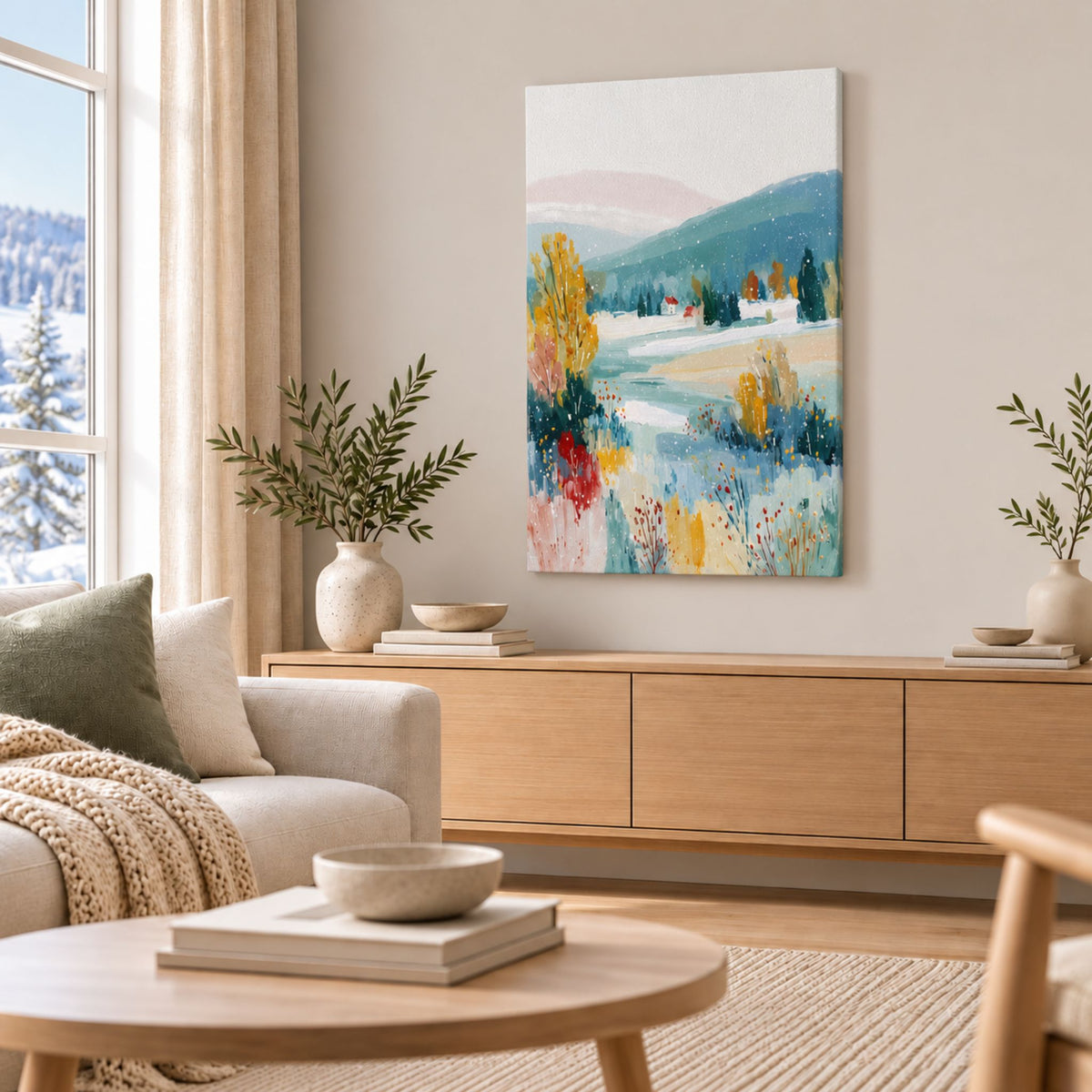 First Snowfall lerretsbilde over lys treskjenk i skandinavisk stue med beige sofa og grønne kvister.