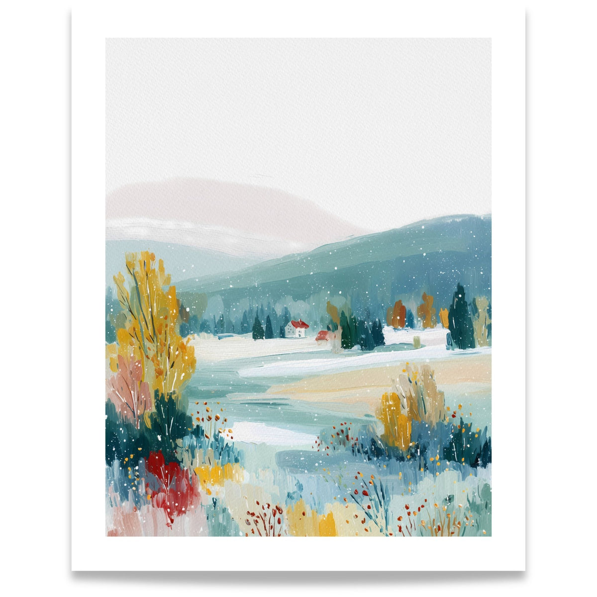First Snowfall vinterplakat med blågrønne åser, gyllent løvverk, små hus og lett snøfall. Format 40x50.