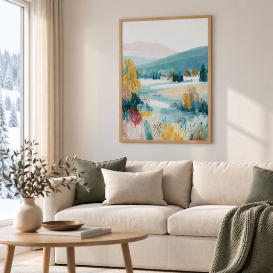 First Snowfall plakat i eikeramme over lys sofa i skandinavisk stue.