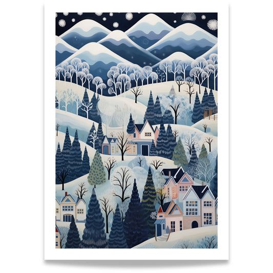 Fjellvinter plakat med snødekte fjell, vintertrær og små hus i blåtoner