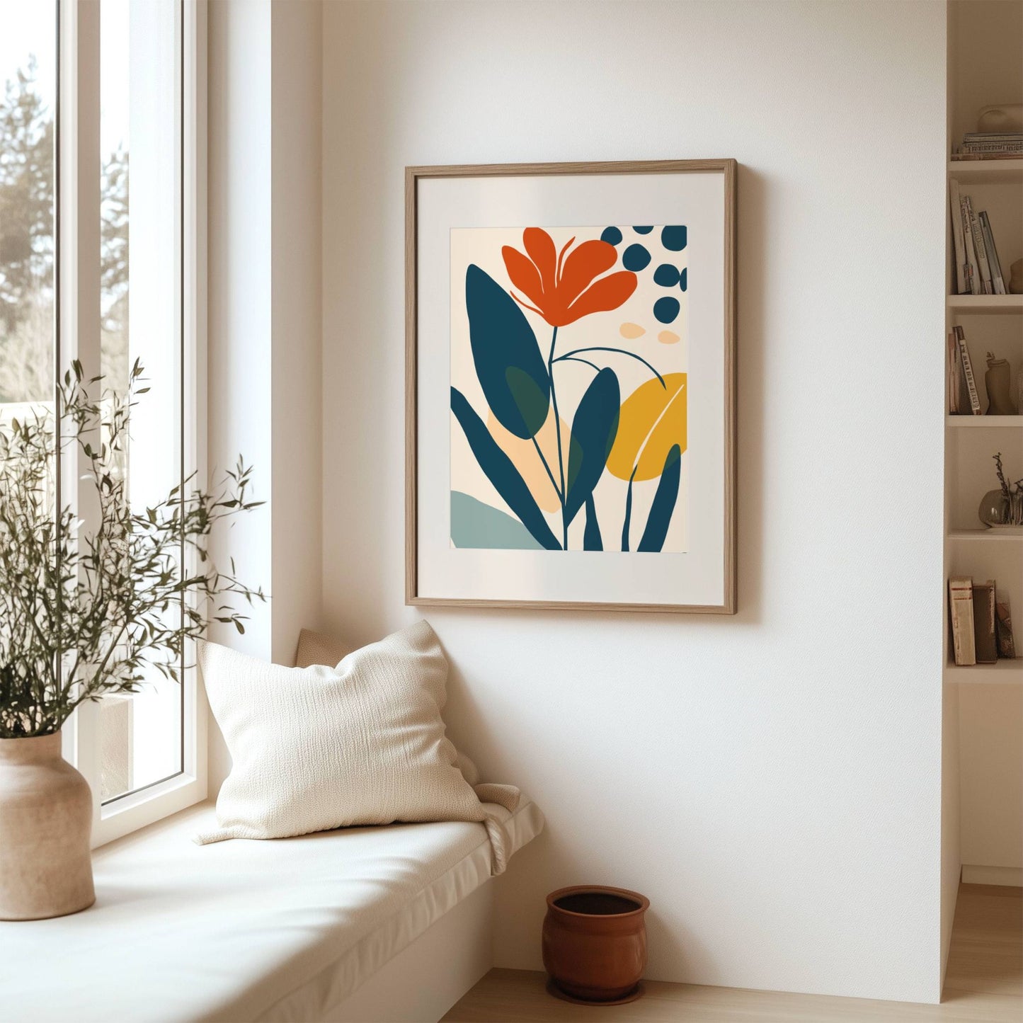 Flourish botanisk plakat i lyst skandinavisk interiør med naturlig dagslys