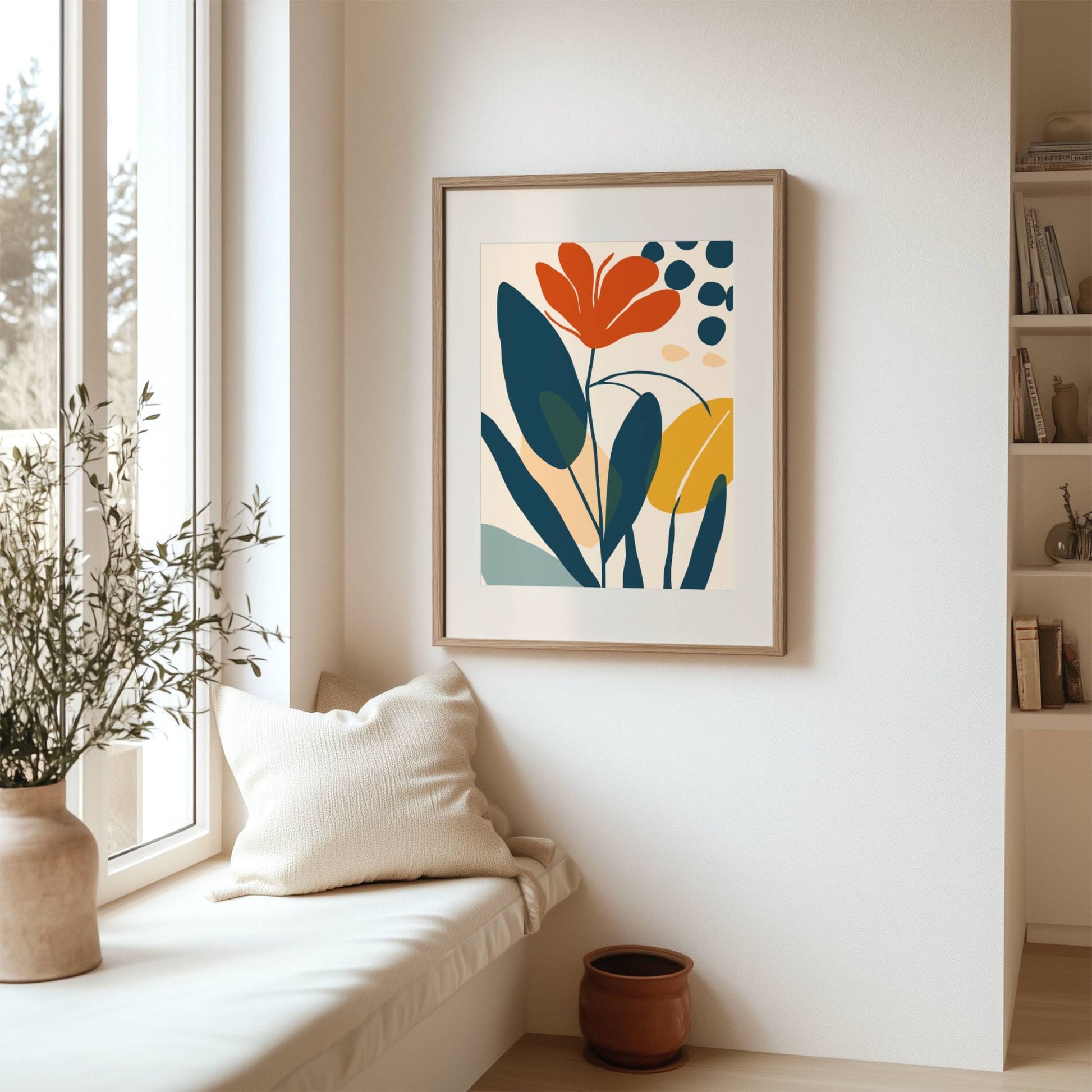 Flourish botanisk plakat i lyst skandinavisk interiør med naturlig dagslys