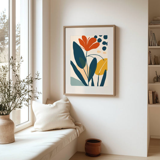 Flourish botanisk plakat i lyst skandinavisk interiør med naturlig dagslys