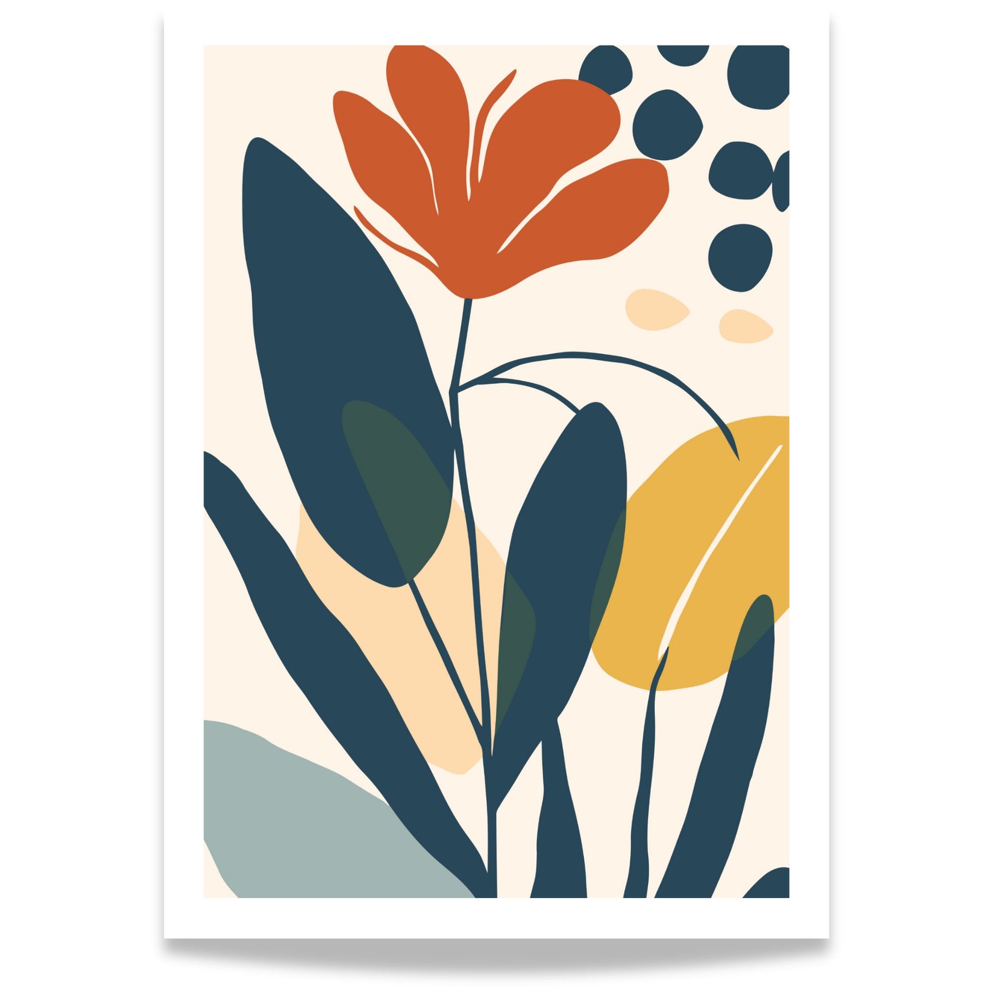 Flourish moderne botanisk kunstplakat med terrakottafarget blomst og organiske former i blå og gule toner