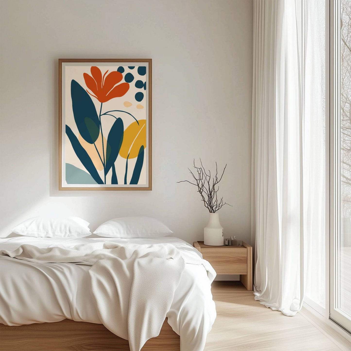 Flourish botanisk kunstplakat over seng i moderne nordisk soverom