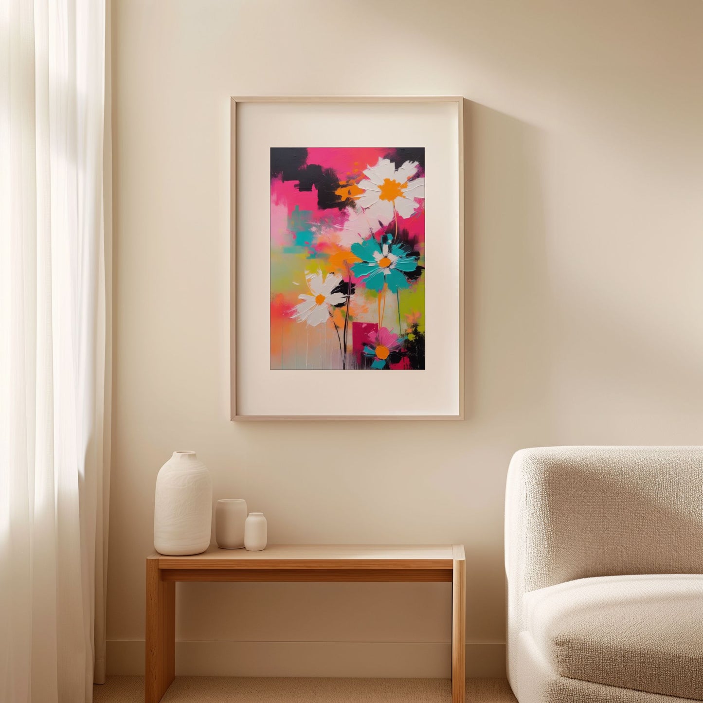 Flower Party No1 vist som innrammet blomsterplakat i lyst nordisk interiør