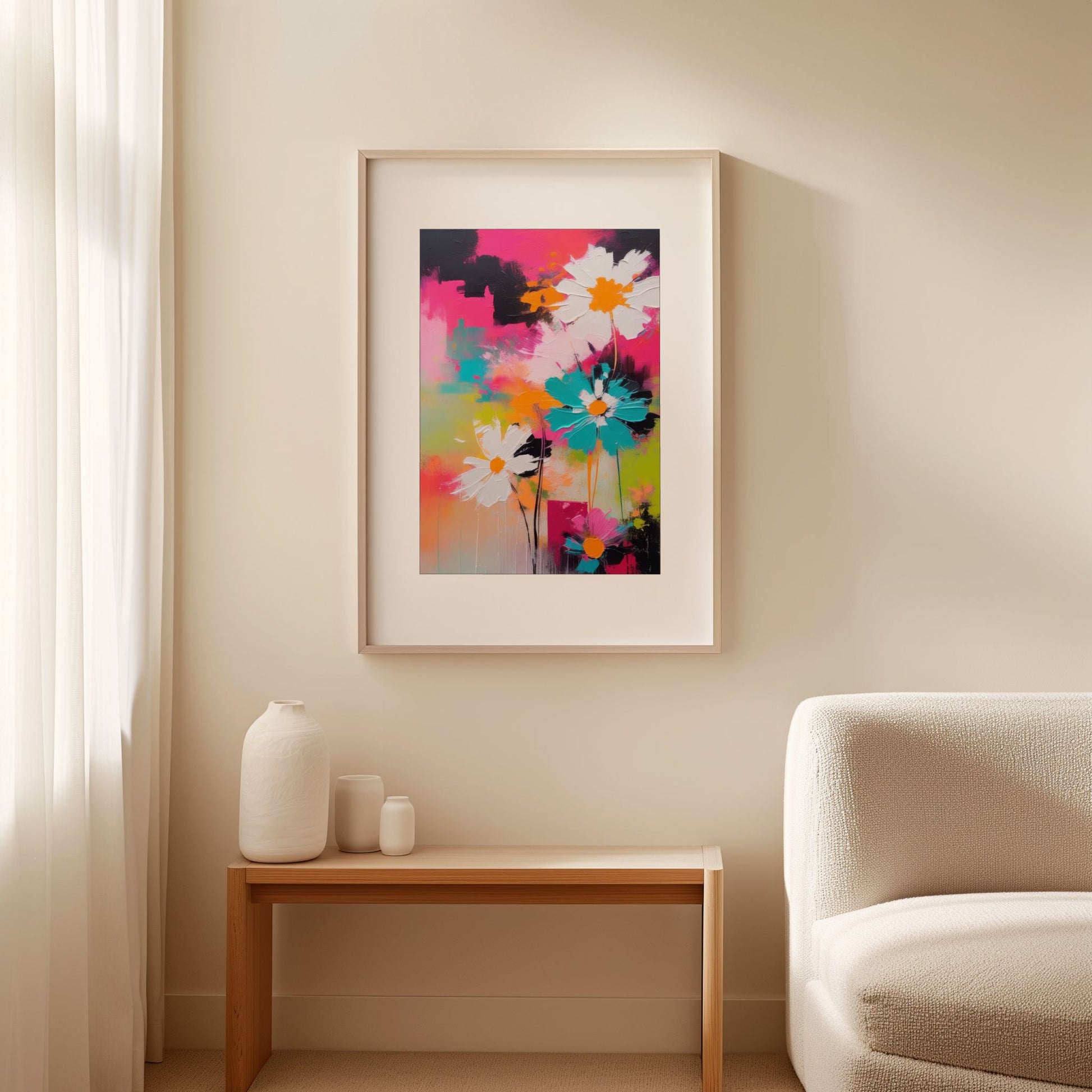 Flower Party No1 vist som innrammet blomsterplakat i lyst nordisk interiør