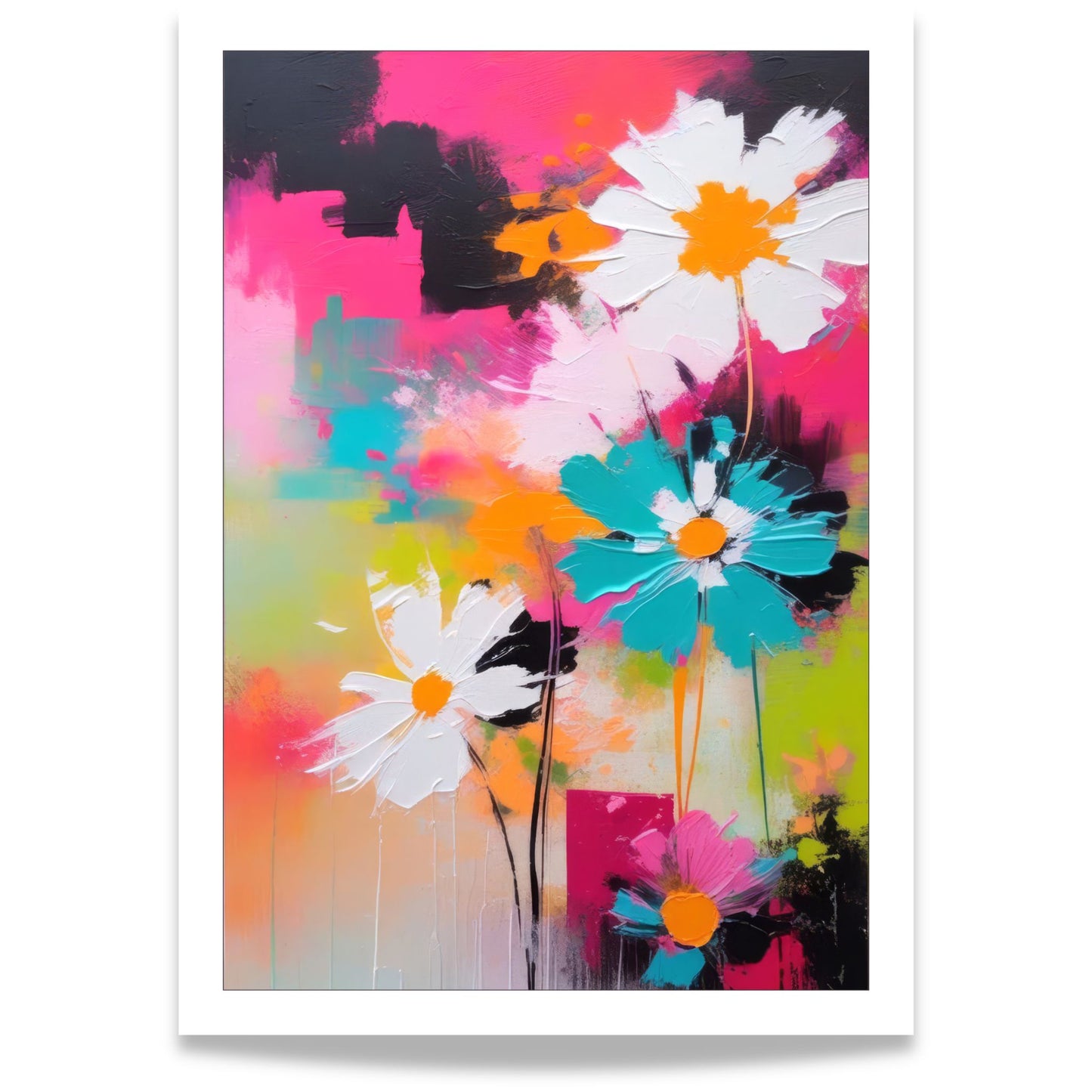Flower Party No1 fargerik blomsterplakat med moderne blomsterkunst i sterke rosa og turkise toner