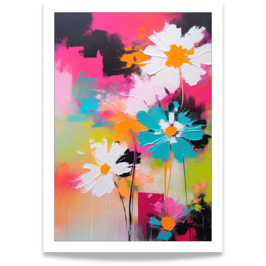Flower Party No1 fargerik blomsterplakat med moderne blomsterkunst i sterke rosa og turkise toner